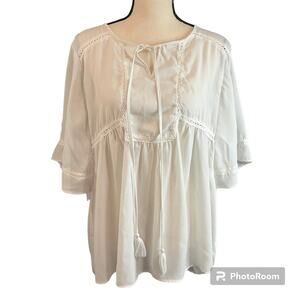 Zac & Rachel Women's White Wide Sleeve Eyelet Tassel Blouse Sz XL Festival Boho